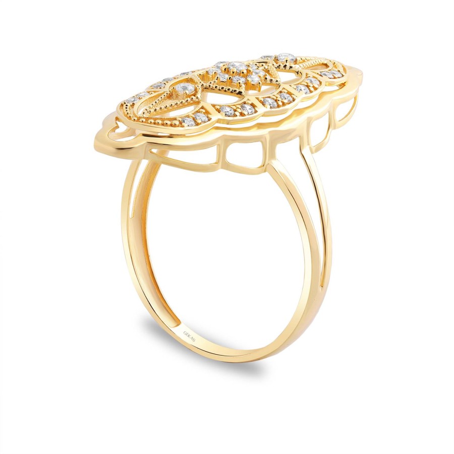 14 Ayar Sarı Altın Hint Motifli Taşlı Yüzük