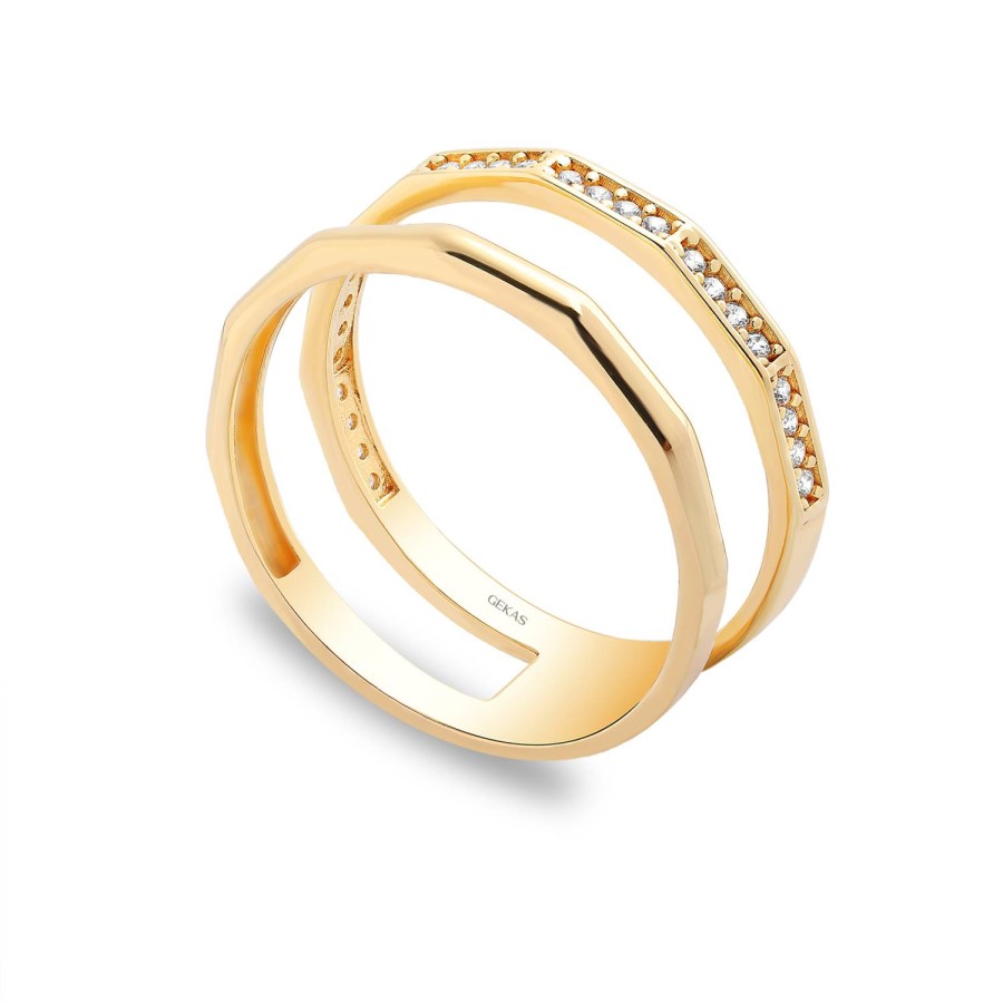 14 Ayar Sarı Altın Çift Katmanlı Taşlı Yüzük