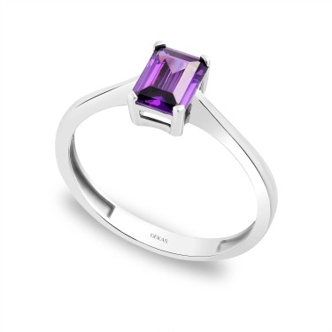 14 Ayar Beyaz Altın Amethyst Mor Taşlı Tektaş Yüzük