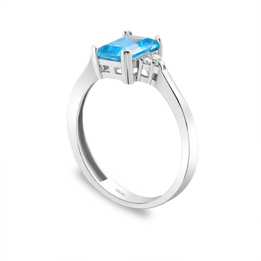 925 Ayar Gümüş Kararmaz Beyaz Altın Kaplama Mavi Taşlı Baget Kesim Tektaş Yüzük