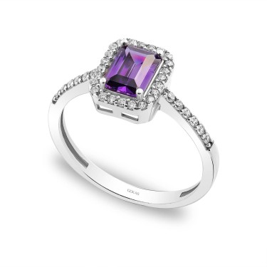 925 Ayar Gümüş Kararmaz Beyaz Altın Kaplama  Baget Kesim Mor Taşlı Tektaş Yüzük