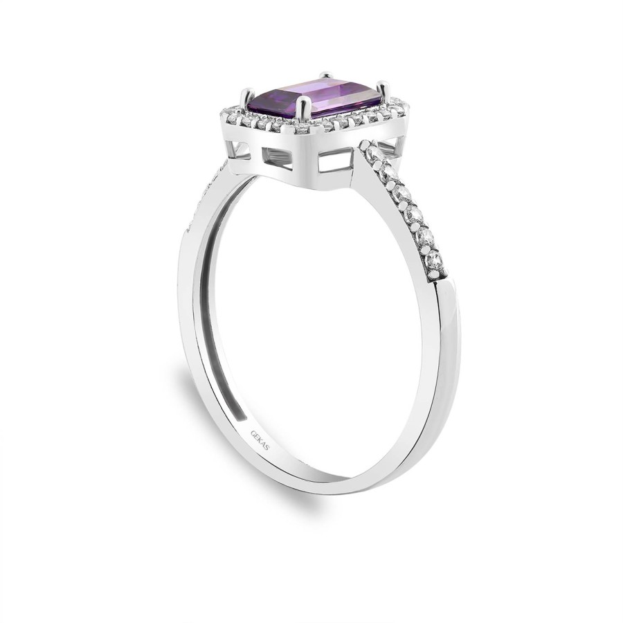 925 Ayar Gümüş Kararmaz Beyaz Altın Kaplama  Baget Kesim Mor Taşlı Tektaş Yüzük