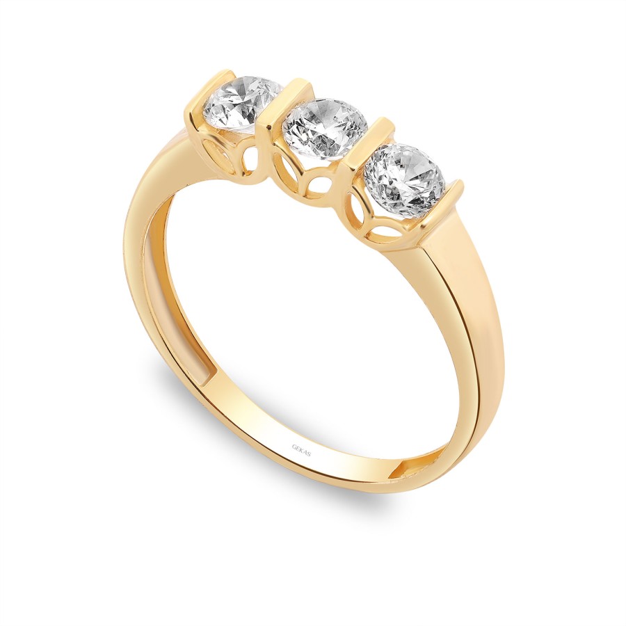 925 Ayar Gümüş Kararmaz Sarı Altın Kaplama Üçtaş Yüzük