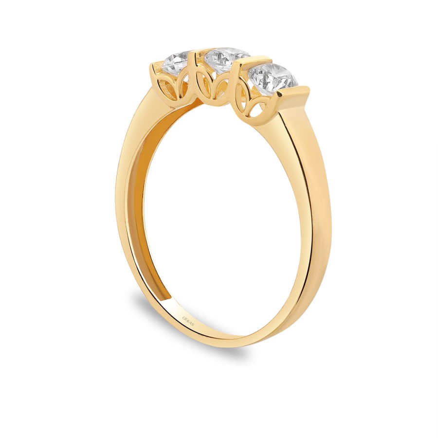 925 Ayar Gümüş Kararmaz Sarı Altın Kaplama Üçtaş Yüzük