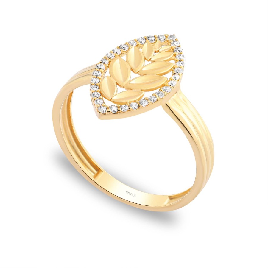 14 Ayar Sarı Altın Yaprak Detaylı Taşlı Yüzük