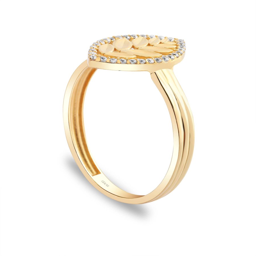 14 Ayar Sarı Altın Yaprak Detaylı Taşlı Yüzük