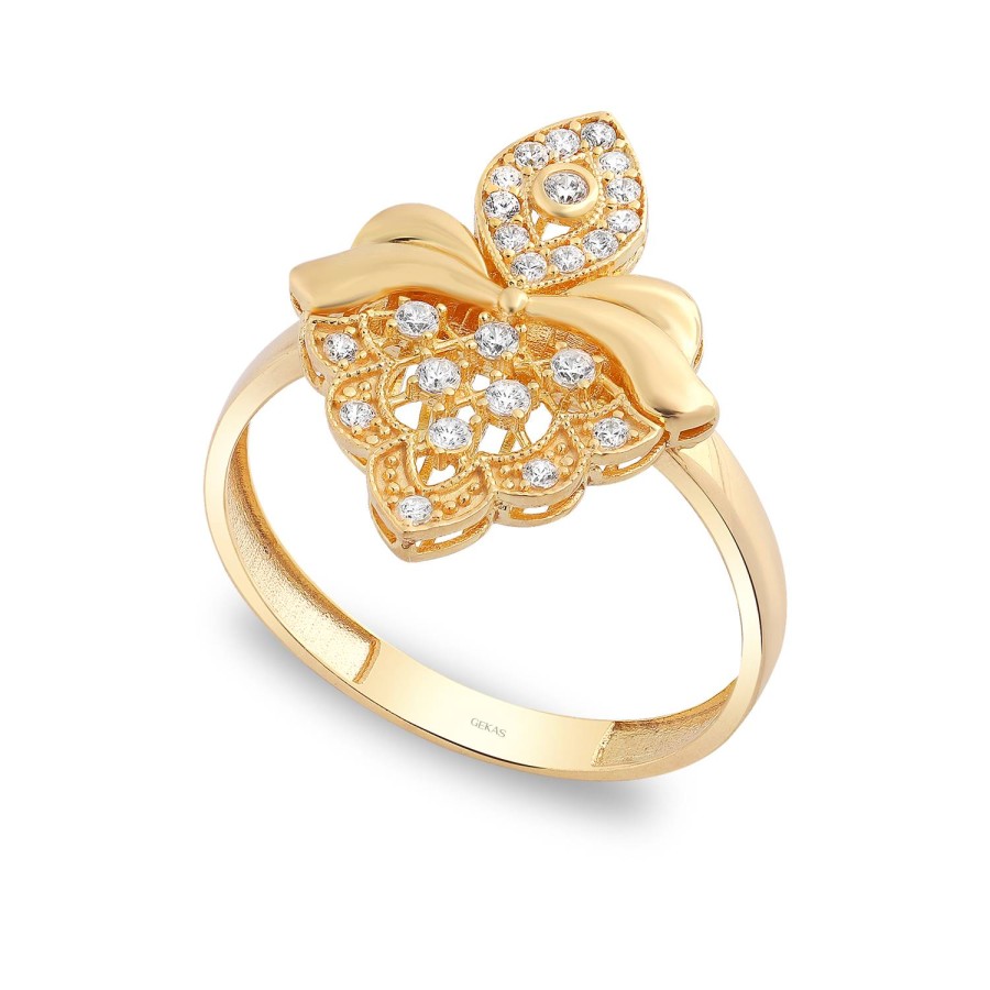 14 Ayar Sarı Altın Taşlı Özel Tasarım Yüzük