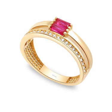 14 Ayar Sarı Altın Fuşya Baget Taşlı Yüzük