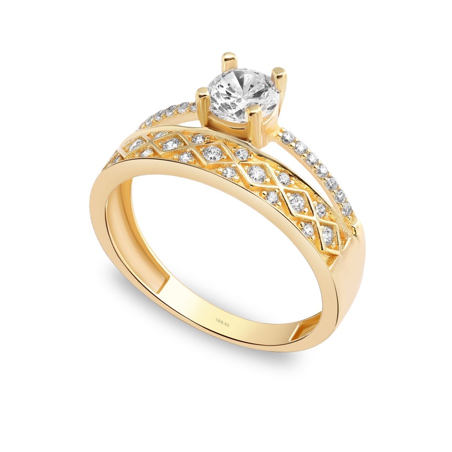 925 Ayar Gümüş Kararmaz Sarı Altın Kaplama Twin Model Tektaş Yüzük