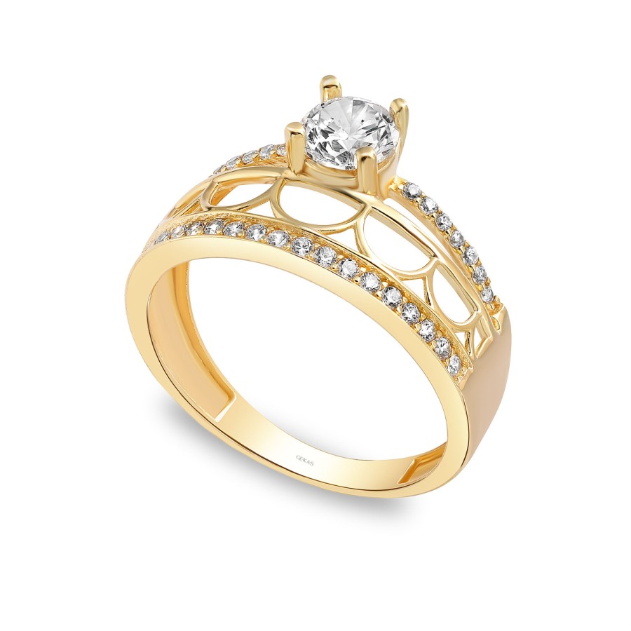 925 Ayar Gümüş Kararmaz Sarı Altın Kaplama Twin Model Taşlı Yüzük