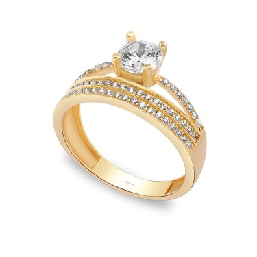 925 Ayar Gümüş Kararmaz Sarı Altın Kaplama Twin Model Sıralı Taşlı Yüzük