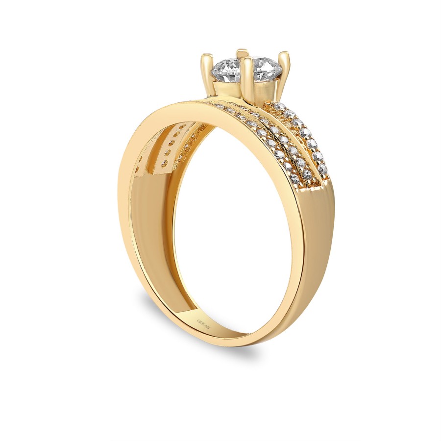 925 Ayar Gümüş Kararmaz Sarı Altın Kaplama Twin Model Sıralı Taşlı Yüzük