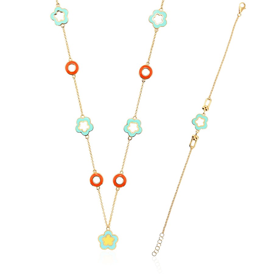 14 Ayar Sarı Altın Çok Renkli Çiçek Figürlü Mineli Kolye