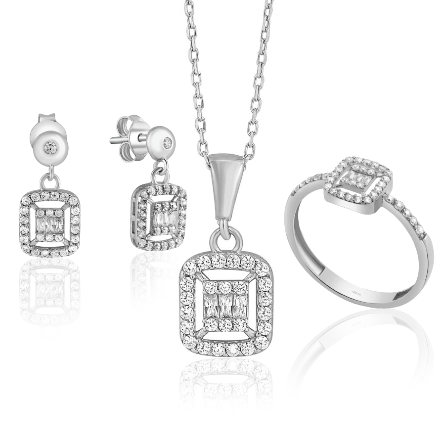 14 Ayar Beyaz Altın Baget Taşlı Mini Set