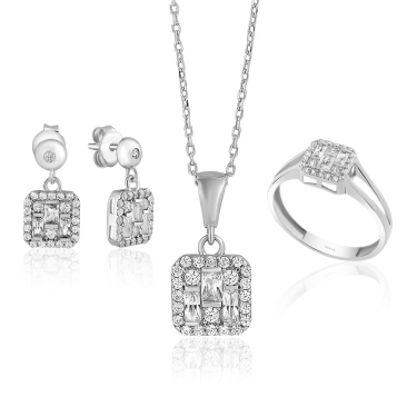 14 Ayar Beyaz Altın Baget Taşlı Mini Set